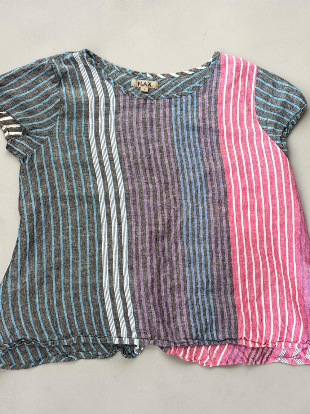 Flax Lagenlook  Pink Gray Multi Striped Linen Short Sleeve Size Large